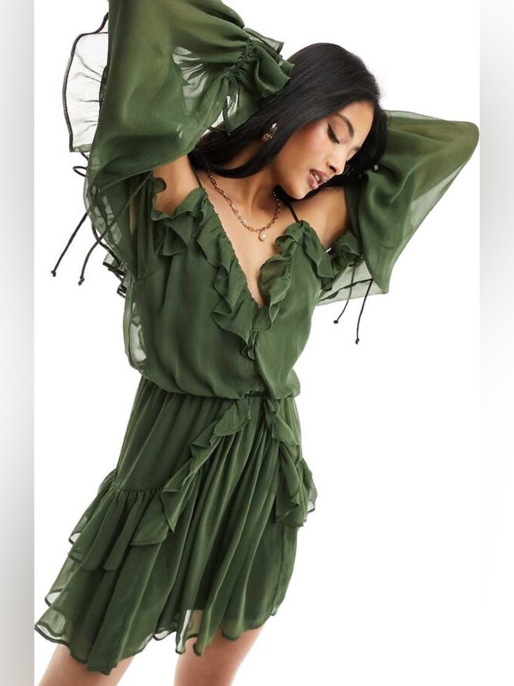 Rachel Zoe Olive Green Ruffle Chiffon Mini Dress Open Back Small